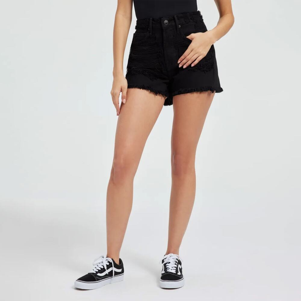 GOOD AMERICAN Good 90s Shredded Cut Off Denim Shorts Women’s Size 16 Black